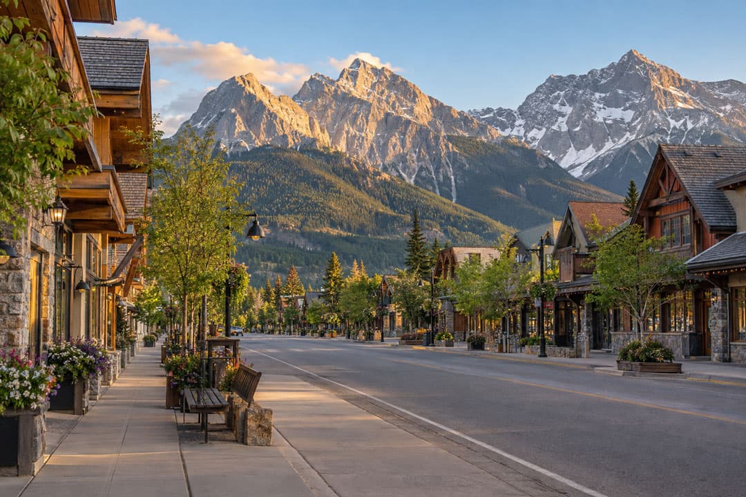 The Three Sisters peaks above Canmore, seen across the Bow Valley on a clear morning.