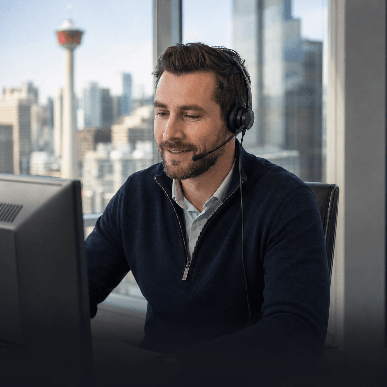 A Stellar agent taking a booking by phone, with the Calgary skyline behind
