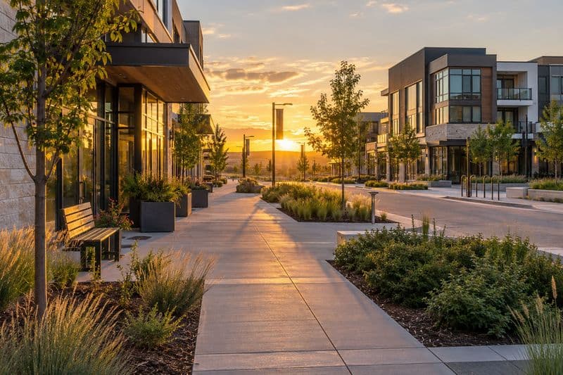 A residential street in southeast Calgary, wide and tree-lined, with the downtown towers distant behind.