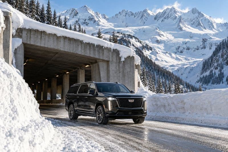 A black Cadillac Escalade leaving an avalanche snowshed on the Trans-Canada at Rogers Pass, glaciers and snowy peaks above.