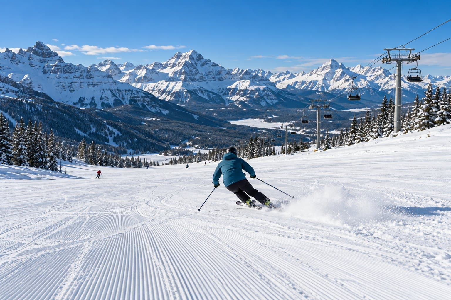 A skier carving down a groomed run on a sunny day, a chairlift and jagged snowy peaks behind.
