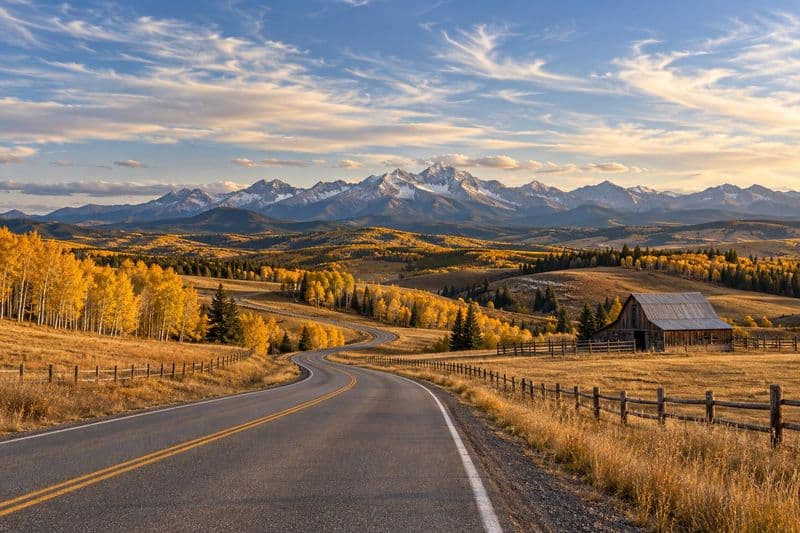 A winding country road through the Alberta foothills in autumn, golden aspens, a weathered barn and fence lines, with the Rockies on the horizon.