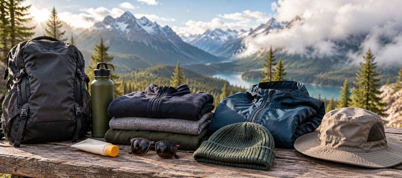 A backpack, water bottle, folded fleece layers, rain shell, beanie and sun hat laid out on a log above a mountain valley.
