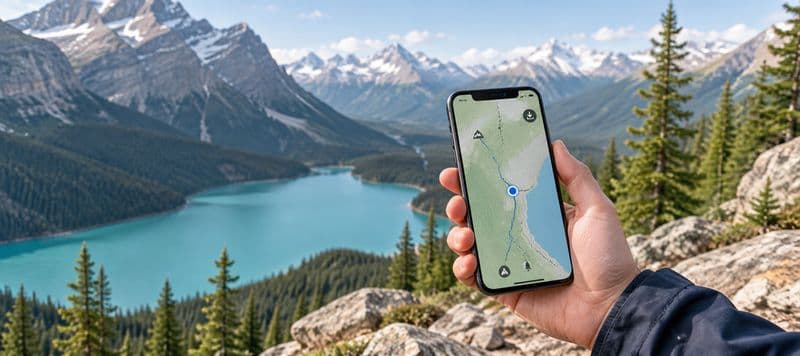 A hand holding a phone showing an offline trail map, above a turquoise lake ringed by forest and peaks.