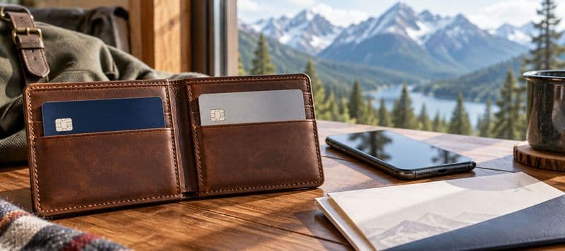 An open leather wallet holding two bank cards, beside a phone and a notebook on a table looking out at the mountains.